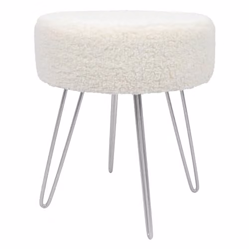 Harbour Housewares Round Boucle Footstool with Silver Metal Legs in Cream