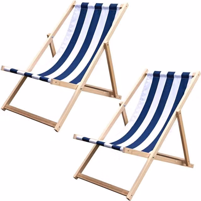 NOVECRAFTO Set of 2 Maritime Blue Folding Wooden Deck Chairs with UV-Resistant Beech Wood and Canvas Fabric