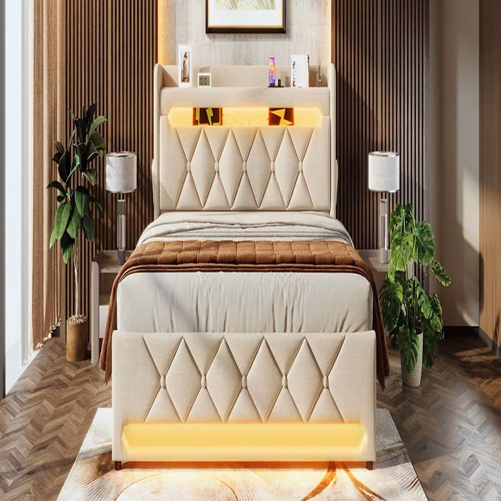 Rolipo King Size Ottoman Bed in Beige Linen with LED Under-Bed Lighting and USB Charging Ports, W/D/H: 180 x 200 cm – 2