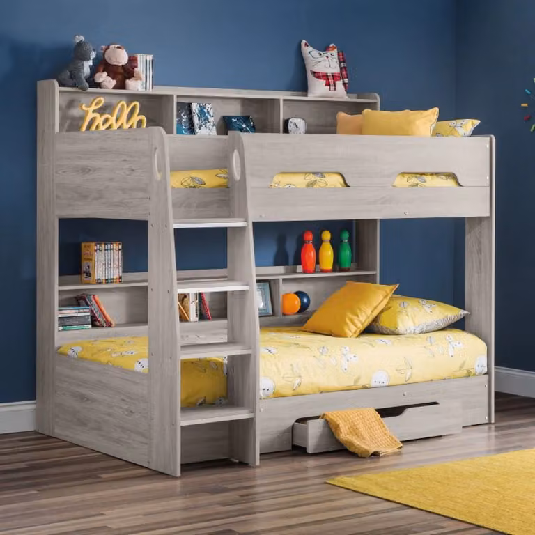 Julian Bowen Riley Grey Bunk Bed with Pull-Out Drawers and Bedside Shelves, H: 172 cm x W: 90 cm x D: 190 cm