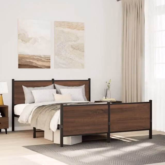 Berkfield Home Metal Bed Frame in Brown Oak, W: 160 cm, L: 200 cm – 1