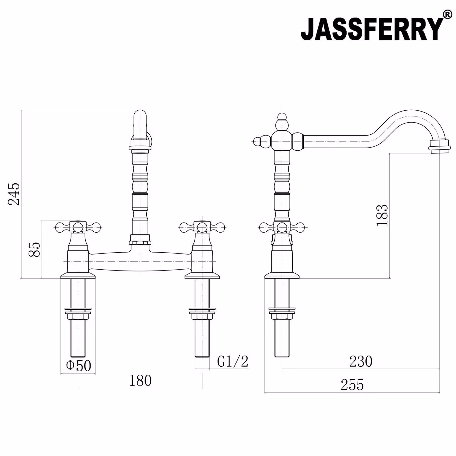JASSFERRY Two-Handle Brass Bridge Mixer Tap for Kitchen Sinks in Silver Chrome – 2
