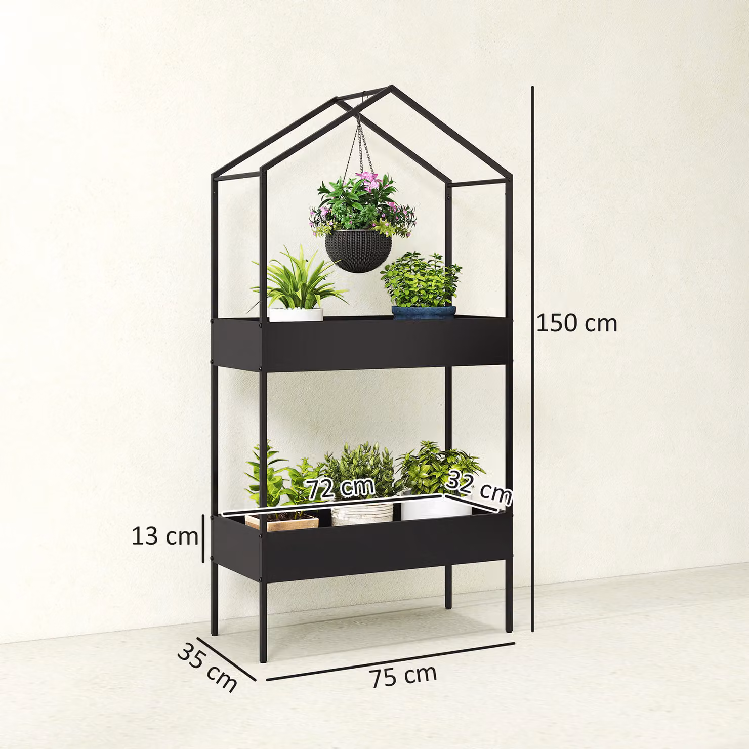 Outsunny 2 Tier Metal Plant Stand with Hook and House-Shaped Pots Holder, Black, W/D/H: 75 x 30 x 150 cm – 3