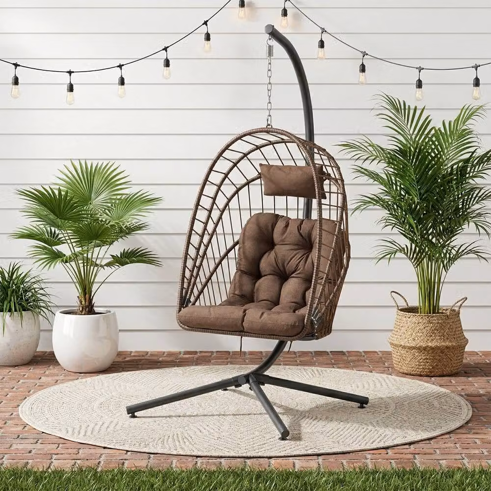 Living and Home Brown Hanging Egg Chair with Cushion and Headrest featuring Rattan and Metal Frame – 4