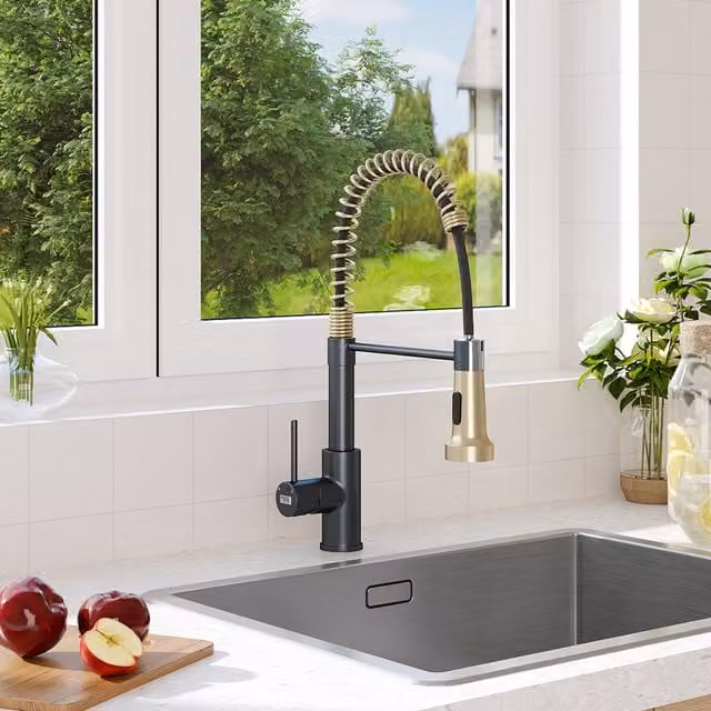 Livingandhome Stainless Steel Mixer Tap with Spray Function and Swivel Spout in Black and Gold