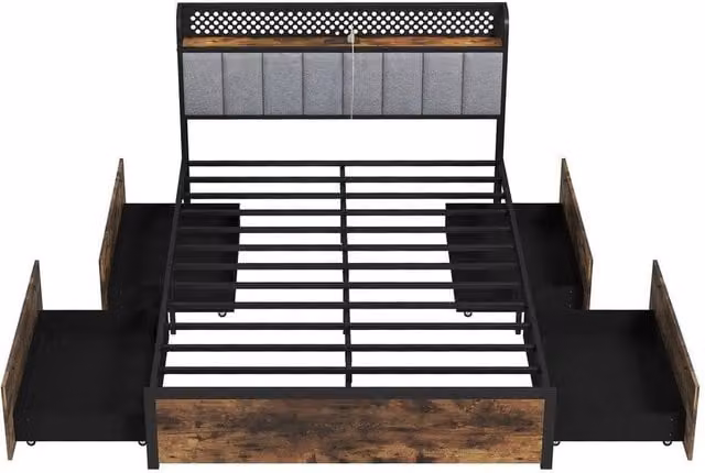 KORVIXA King Size Platform Bed in Brown with LED Under-Bed Lighting, USB Charging Ports, Bedside Shelves and Storage Drawers, 180 x 200 cm – 1