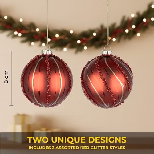 SHATCHI 12-Piece Red Glass Christmas Bauble Set with Assorted Geometric and Striped Designs, Diameter: 8 cm – 5