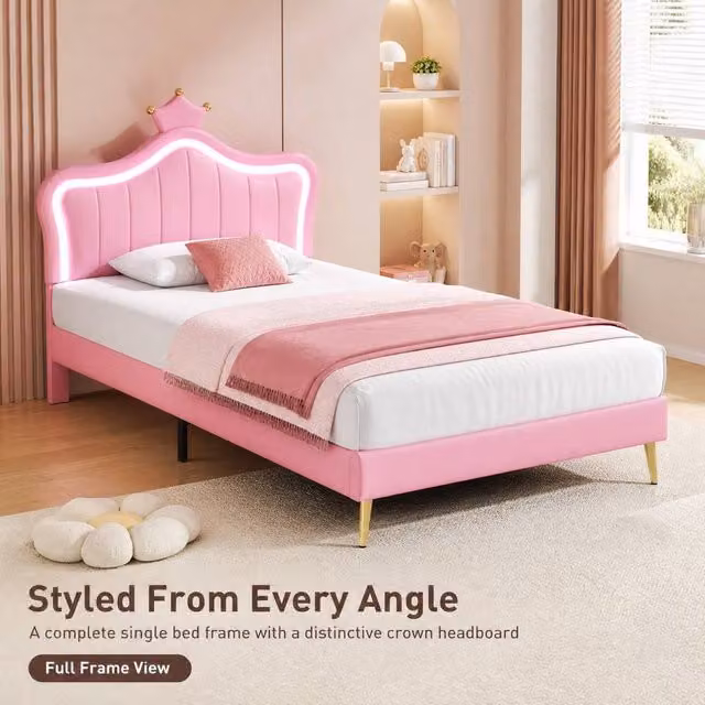 STILVORA Single Upholstered Bed Frame with LED Crown Headboard in Pink – 1