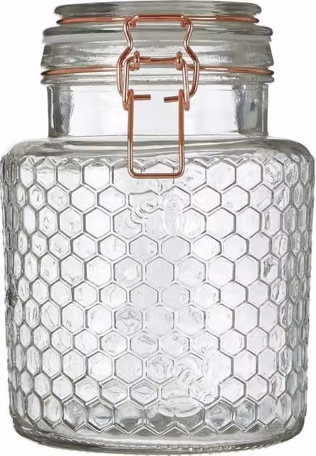 Orsina Apiary Textured Geometric Glass Jar with Metal Clip, 1.3 l, Transparent