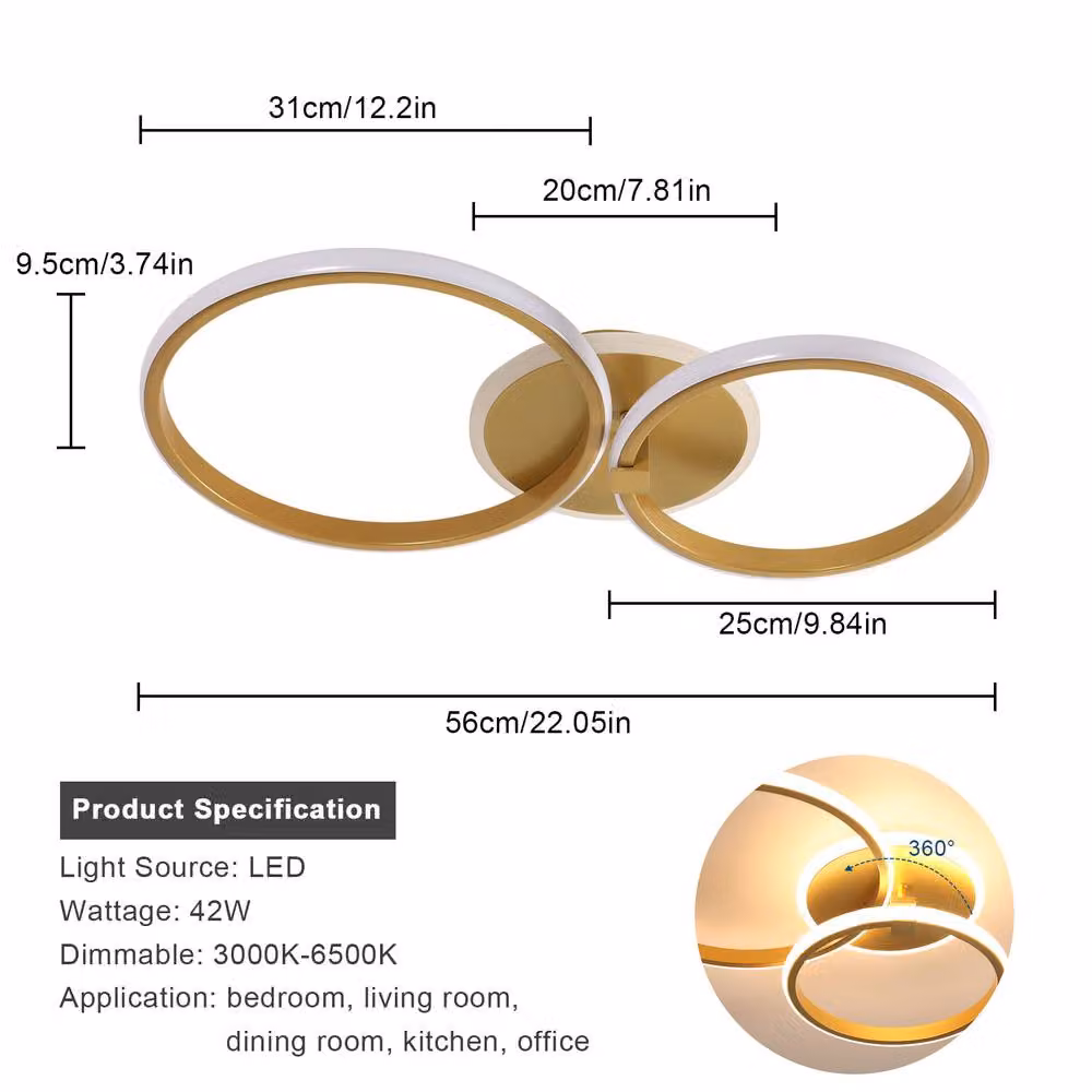 Pheashine Elegant LED Ring Ceiling Light in Gold, 42W, Stepless Dimmable 3000-6500K – 2