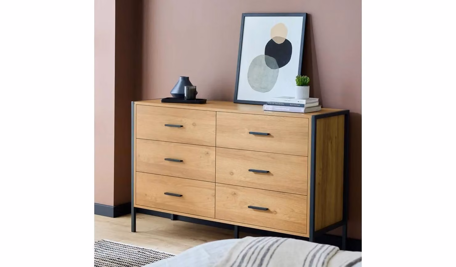 Cheap Furniture Warehouse Industrial Oak 6 Drawer Chest in Brown, W/D/H: 120 x 40 x 77 cm
