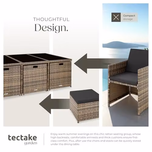 tectake Polyrattan Garden Furniture Set with Aluminium Base, Including 6 Dining Chairs, 1 Table and 4 Stools, Natural – 4