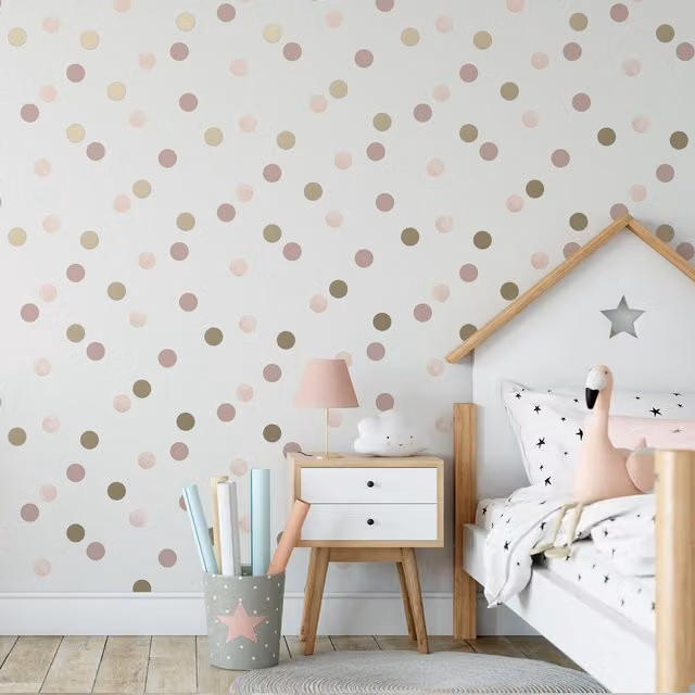 Superfresco Easy Pink and Gold Dotted Polka Wallpaper for Bedrooms and Childrens Rooms