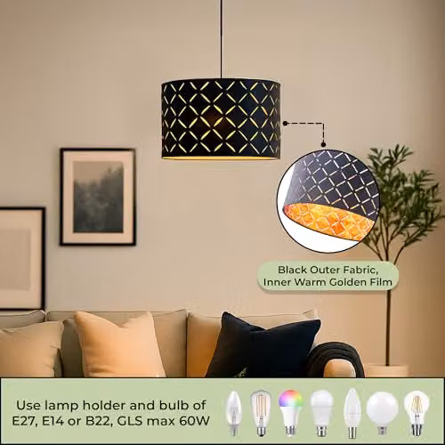 INNOTECK Argyle Drum Lamp Shade, Black with Gold Inner, E27/E14, W: 30 cm, H: 20 cm – 2