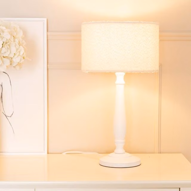 ValueLights Victoria White Wood Candlestick Table Lamp with Cream Boucle Drum Shade, H 45.5 x W 25.5 cm