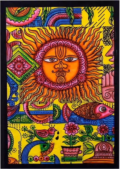 KDMK Handbrushed Cotton Sun Abstract Textile Wall Hanging in Multicolour and Yellow
