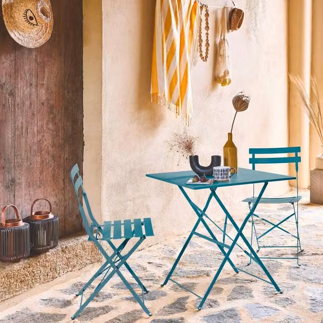 sweeek Square 2-Seater Folding Metal Bistro Garden Table and 2 Chairs Set in Teal