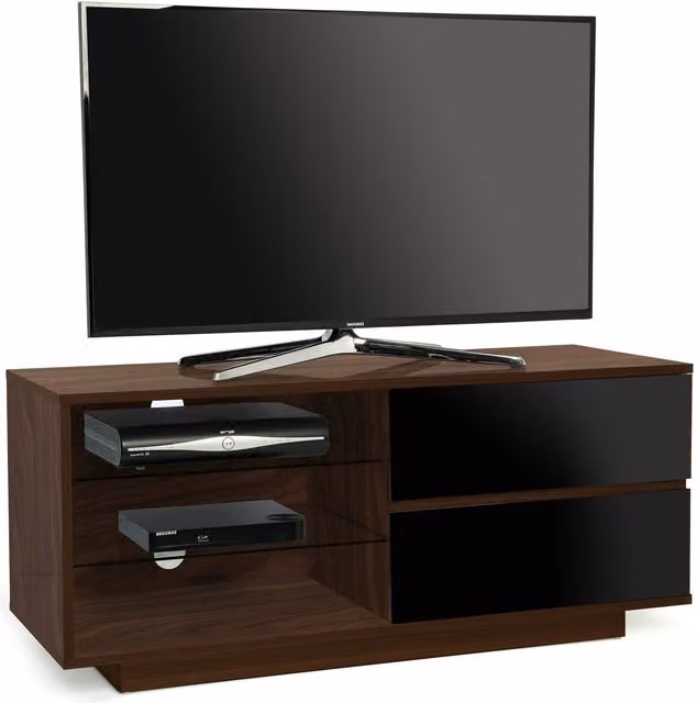 Gallus Modern TV Cabinet in Walnut and Black with Glass and Wood Details