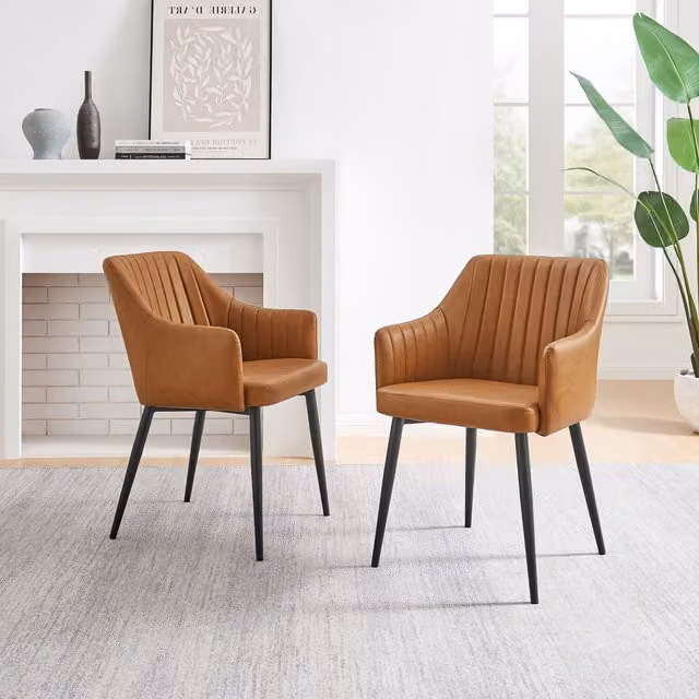 FurnitureboxUK Calla Set of 2 Dining Chairs in Tan Synthetic Leather with Black Legs