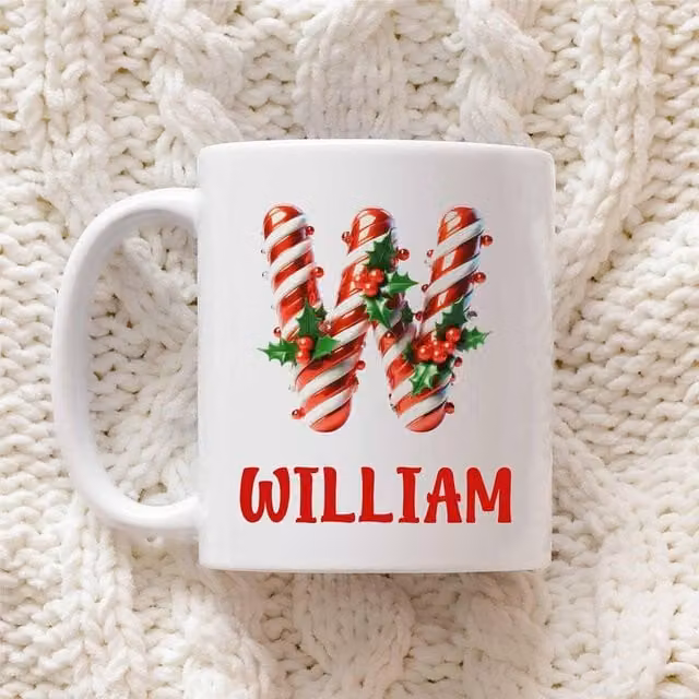 60 SECOND MAKEOVER Personalised Christmas Initial Mug in White with Candy Cane Font