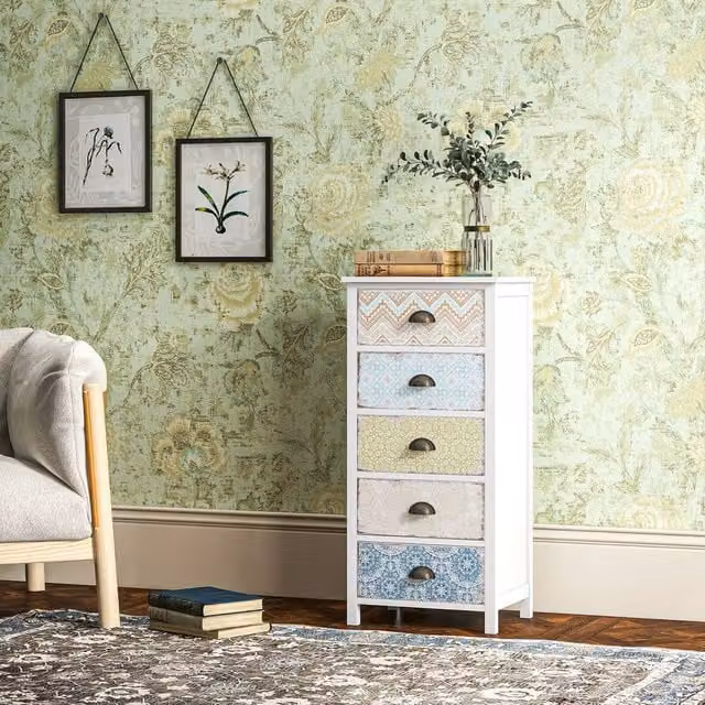 STILVORA 5 Drawer Chest in White and Multicolour with Vintage Geometric Wood Design – 1