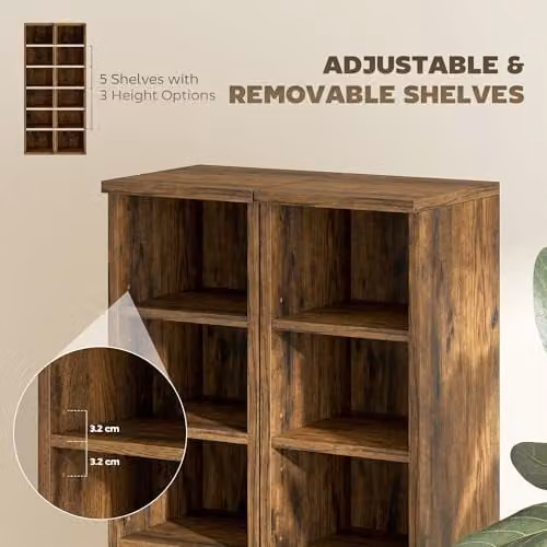 HOMCOM Set of 2 Rustic Brown CD and DVD Storage Tower Racks with Adjustable Shelves – 4