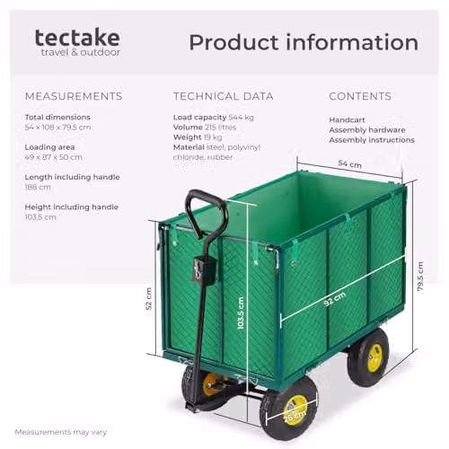 tectake Garden Trolley with Quick-Release Folding Sides, Removable Inner Lining and Pneumatic Tyres, Green – 6