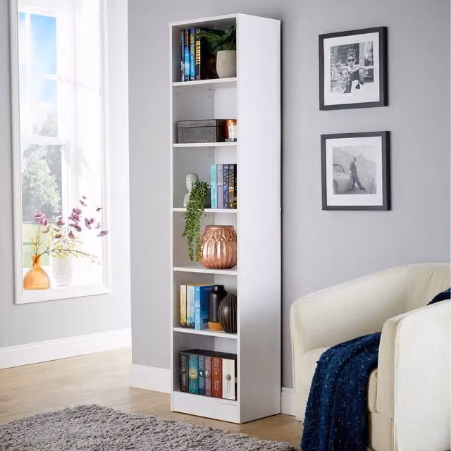Home Source Clara Tall Narrow Storage Bookcase in White with Adjustable Shelves