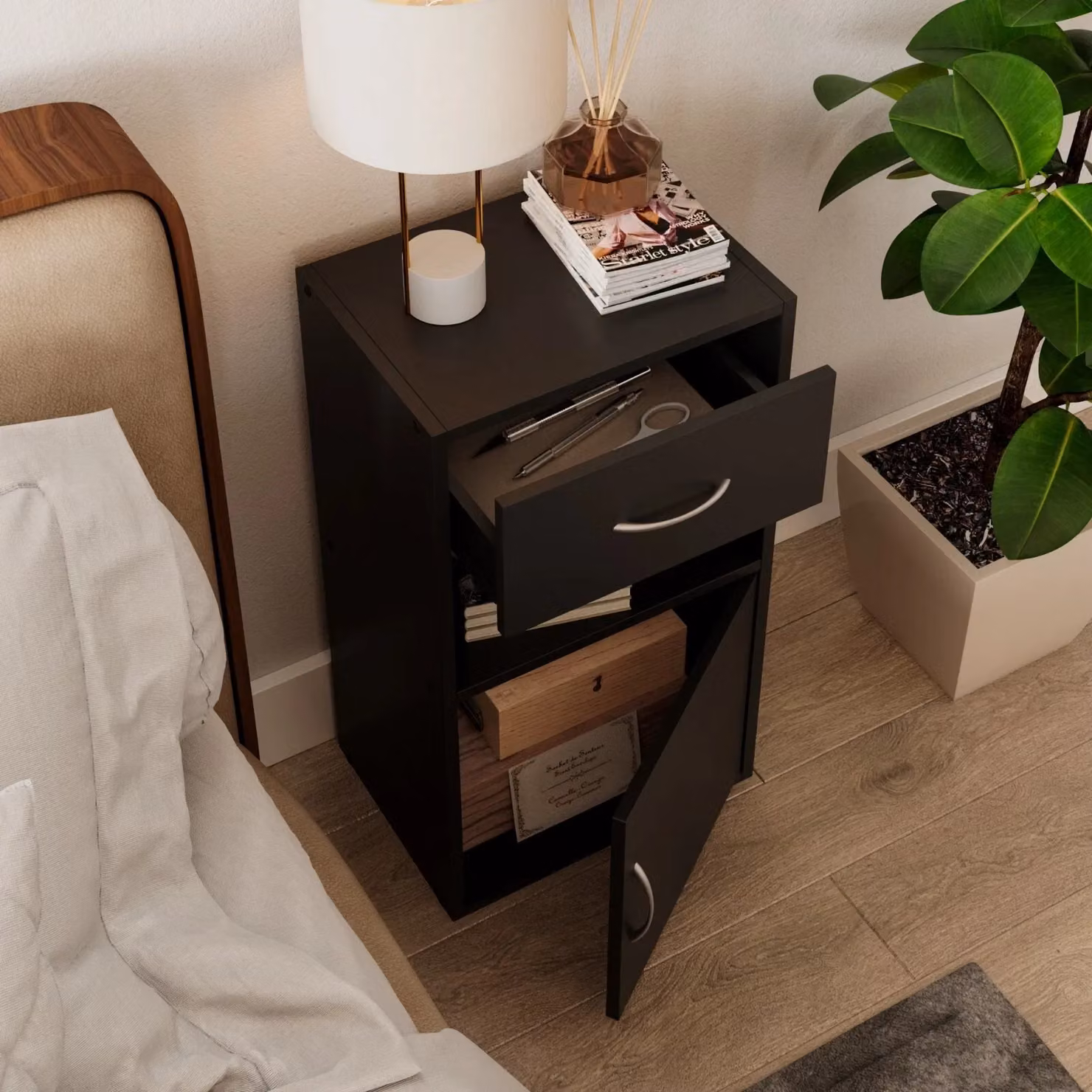 EONLION Black Wooden Bedside Cabinet with 1 Door and 1 Drawer – 3
