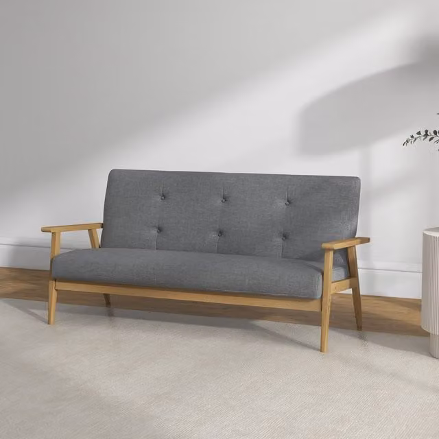 HOMCOM Modern Compact Button Tufted Sofa in Grey Linen Fabric with Solid Wood Frame