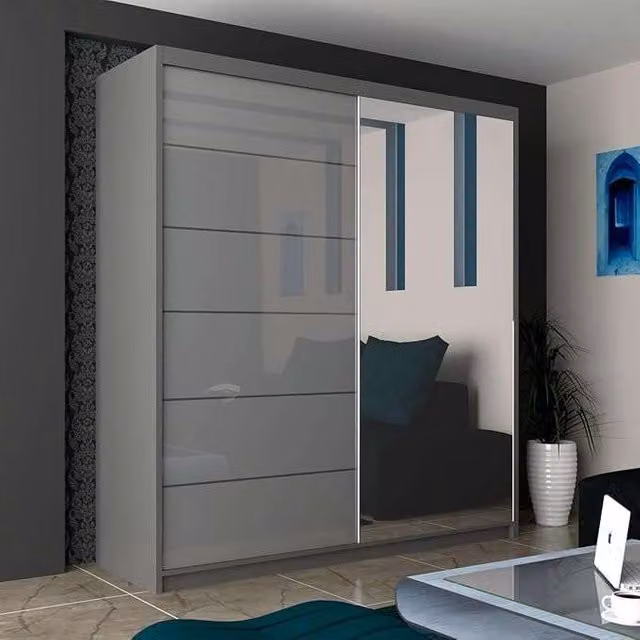 Sliding Wardrobes 4U High Gloss Double Sliding Wardrobe with LED Light, Grey, W: 180 cm, H: 217 cm, D: 62 cm