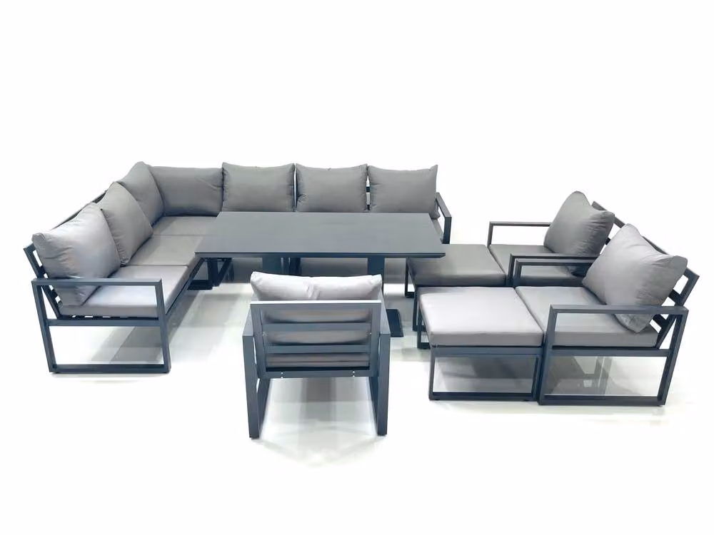 Fimous Aluminium Outdoor Garden Furniture Set in Dark Grey with Corner Sofa, 3 Chairs, 2 Footstools and Adjustable Lifting Dining Table – 2