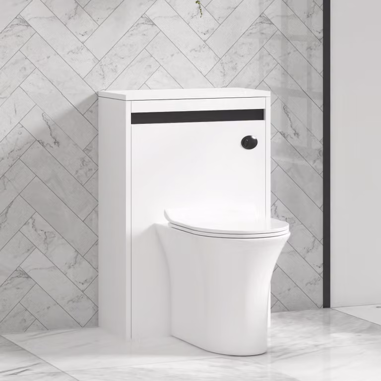 Orion Matt White BTW WC Unit with Breeze Rimless Ceramic Toilet Pan, Slim Soft Close Seat and Cistern with Black Accent Trim