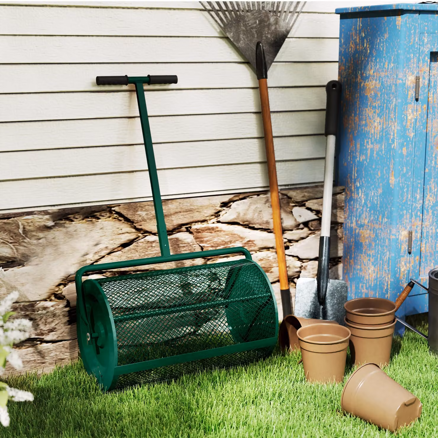 Outsunny Green Compost Spreader with Height Adjustable T-Shaped Handle and Metal Mesh Basket – 8