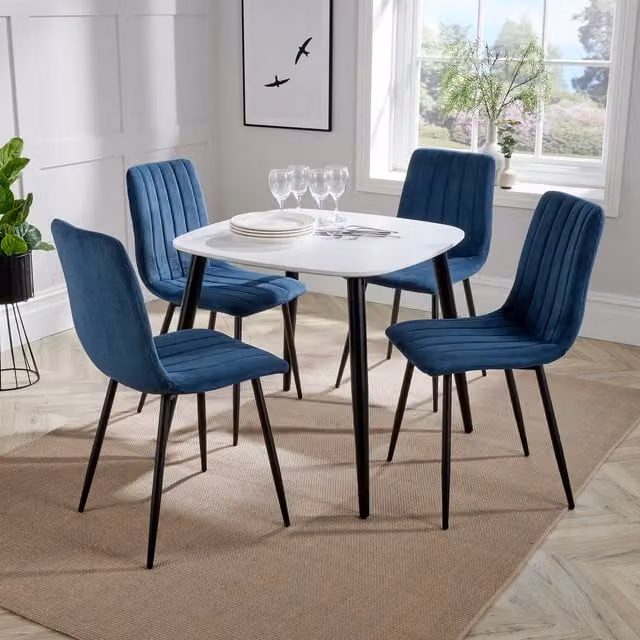 Core Products Ltd Aspen Square White Table and 4 Blue Straight Stitch Fabric Chair Set