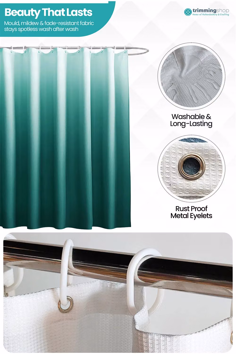 Neel Blue Gradient Colour Bathroom Shower Curtain in Blue and Green with 12 Hooks, Mould Resistant, W: 180 cm, H: 200 cm – 4