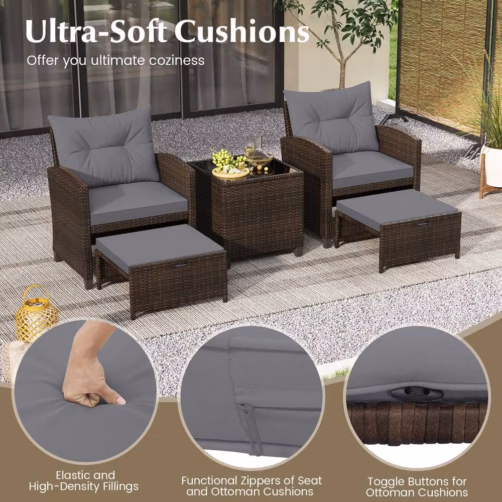 Gymax 5 Piece Grey Rattan Patio Furniture Set with Cushioned Wicker Chairs – 3