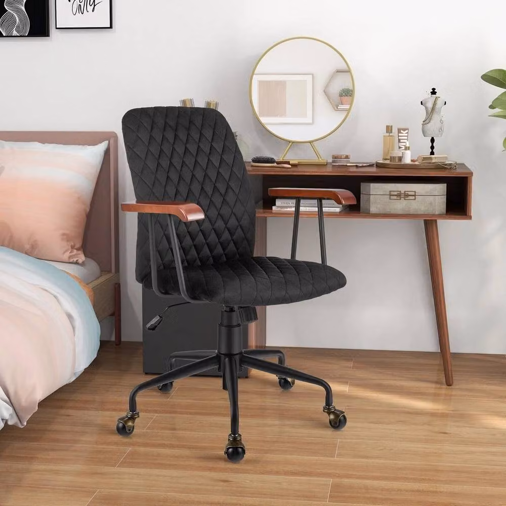 Kelvenix Ergonomic Velvet Swivel Office Chair in Black with Retro Wood Design – 3
