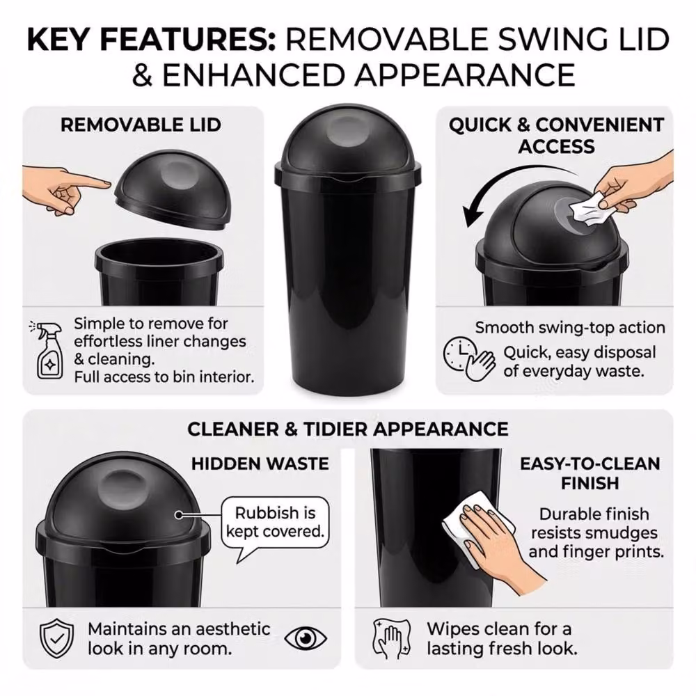 Bedsland 60L Swing Bin with Modern Lid in Black and Grey – 3
