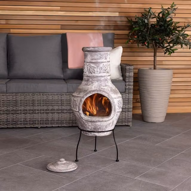 Charles Bentley Grey Clay Chiminea Outdoor Patio Heater and Firepit
