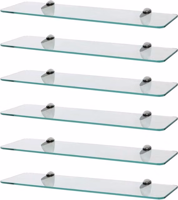 Harbour Housewares Set of 6 Rounded Floating Glass Shelves in Transparent with Chrome Finish, Width: 50 cm