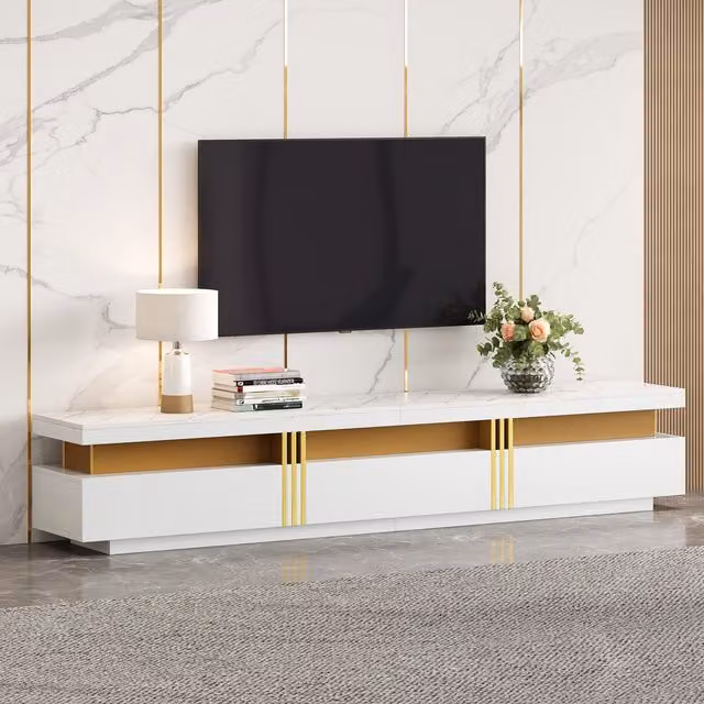Aosom Luxury White TV Stand with Faux Marble Top and 3 Drawers, Golden Panel Design, W: 200 cm, D: 40 cm, H: 42 cm – 1