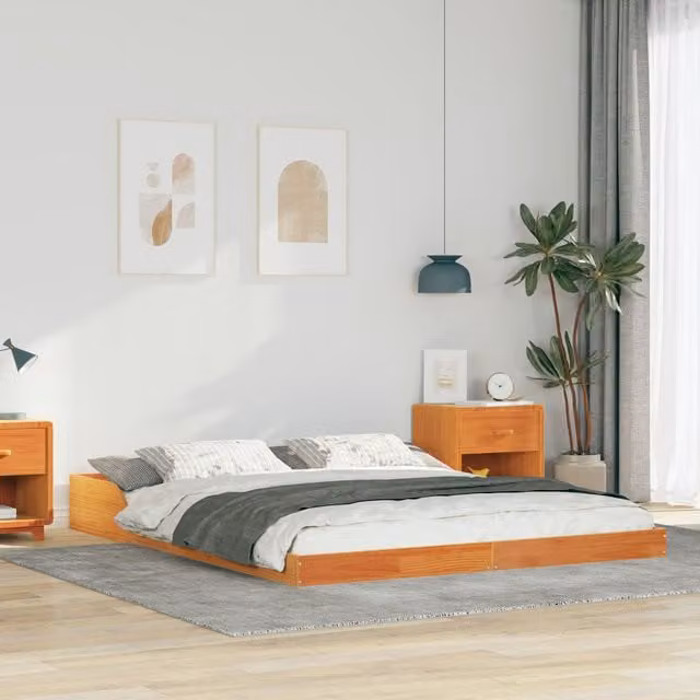 Berkfield Home Waxed Brown Solid Pine Wood Bed, W: 220 cm, D: 140 cm