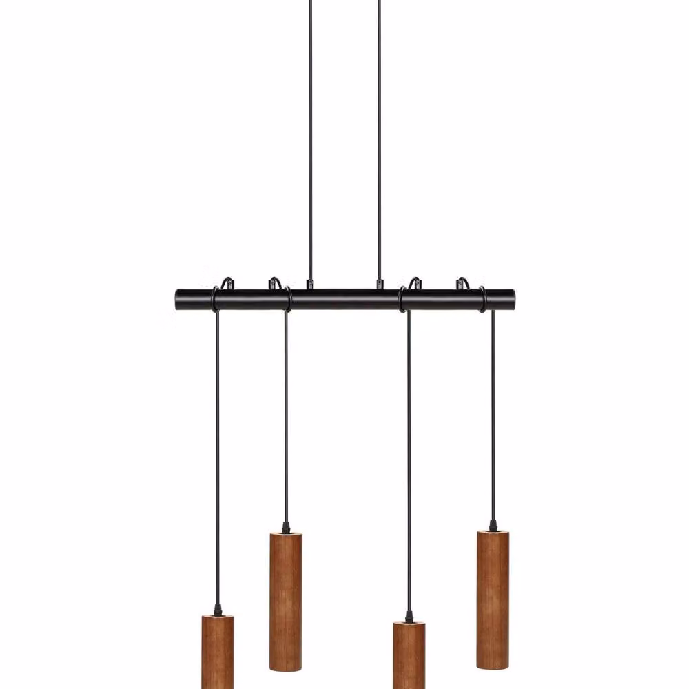 Wyld and Coco Industrial 4-Light Suspended Pendant Lamp with Brown Wood and Black Metal Shades – 2