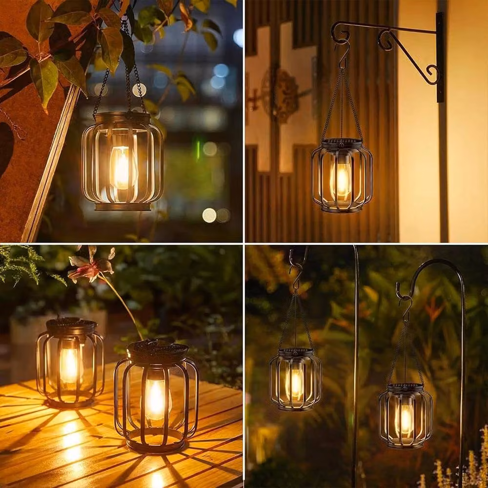 EONLION Set of 2 Modern Solar LED Columnar Outdoor Lanterns in Black Metal, Height: 100 cm – 4