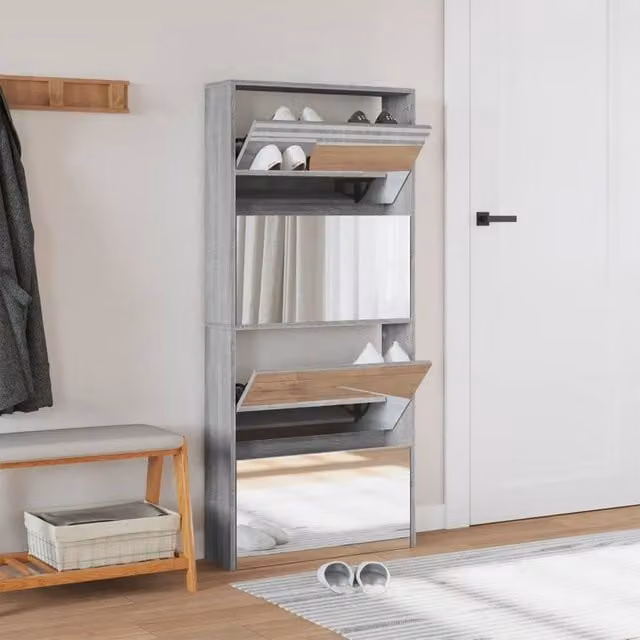 Berkfield Home 4-Layer Shoe Cabinet with Mirror in Grey Sonoma, W: 63 cm, D: 17 cm, H: 134 cm – 1