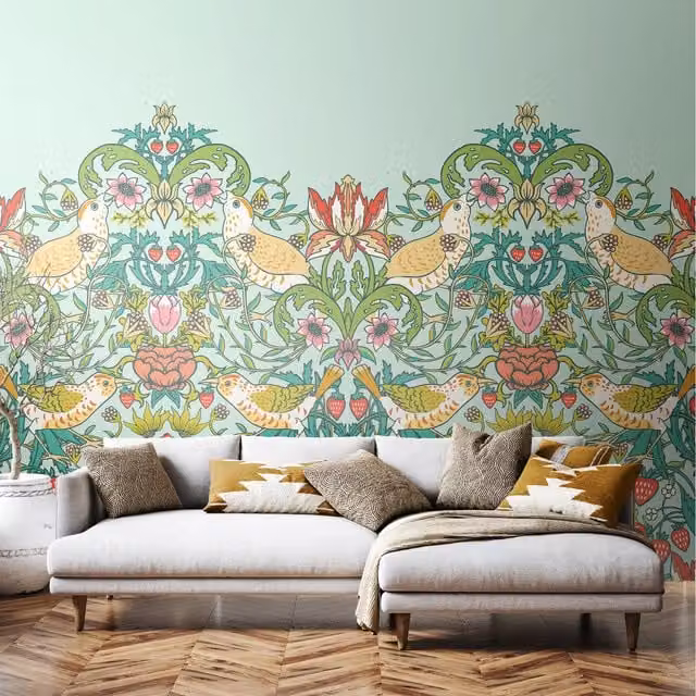 Origin Murals Birds, Fruit and Foliage Art Nouveau Wall Mural in Green and Multicolour