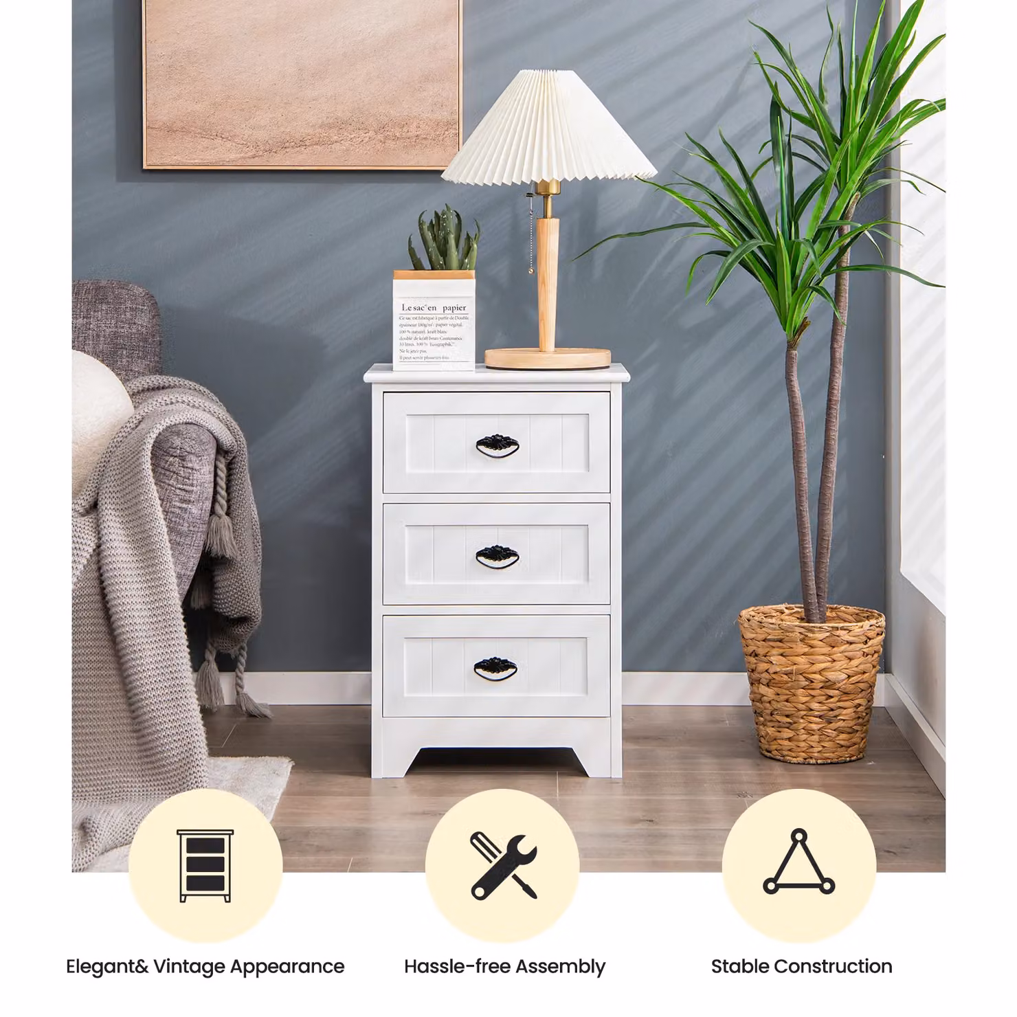 Costway Vintage Wooden 3-Drawer Bedside Table and Accent End Table in White – 3