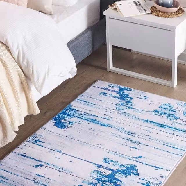 Wyld and Coco Beige and Blue Abstract Polyester Area Rug, W: 80 cm, L: 150 cm – 1