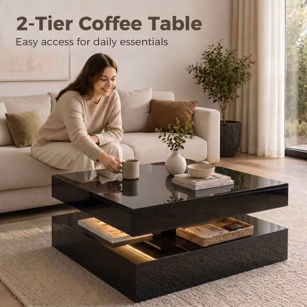 STILVORA Modern Glossy Black Square Coffee Table with Glass and Open Storage – 6